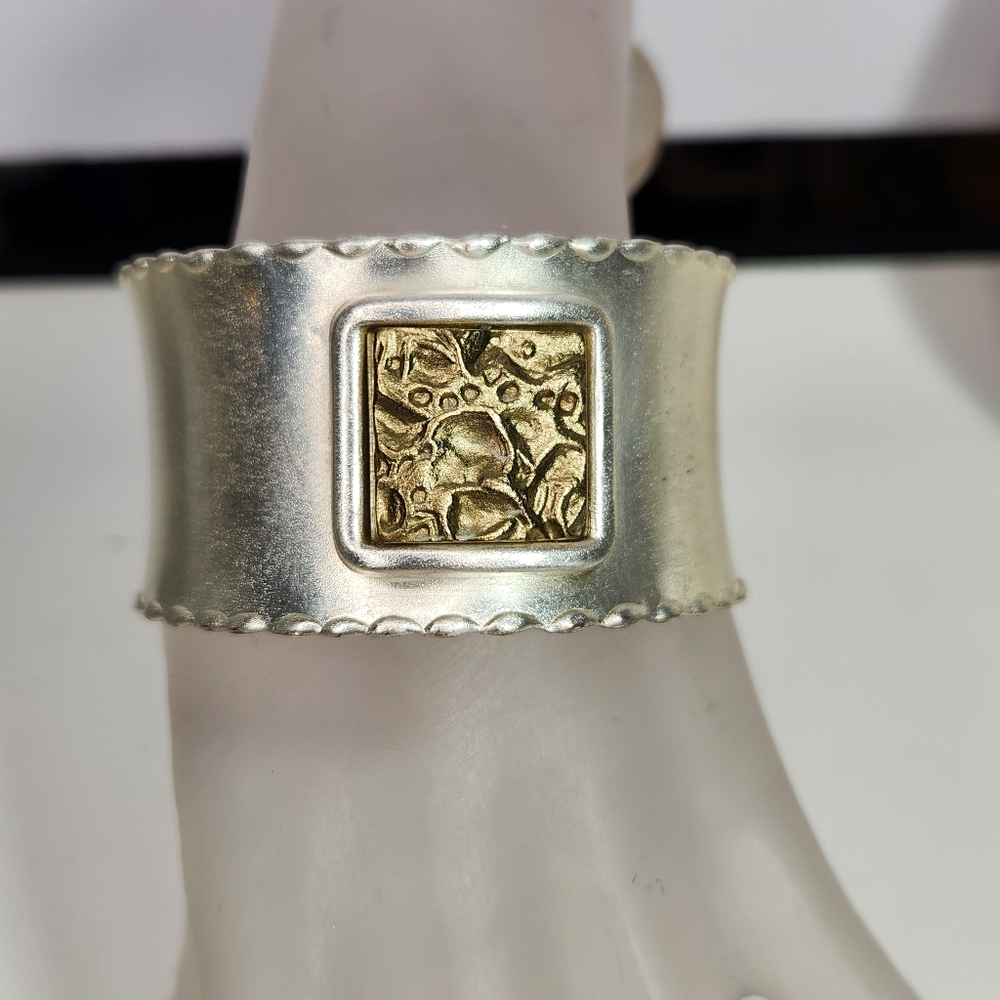the rustic cuff silvertone brass plaque costume industrial look wide bracelet
